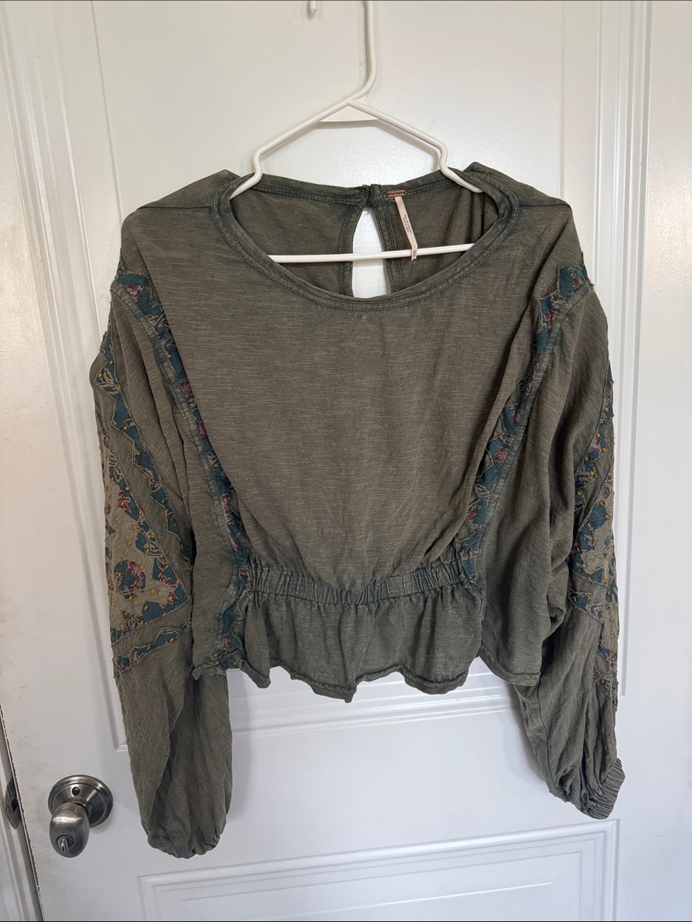 Free People Olive Green Embroidered Cropped Peasant Top